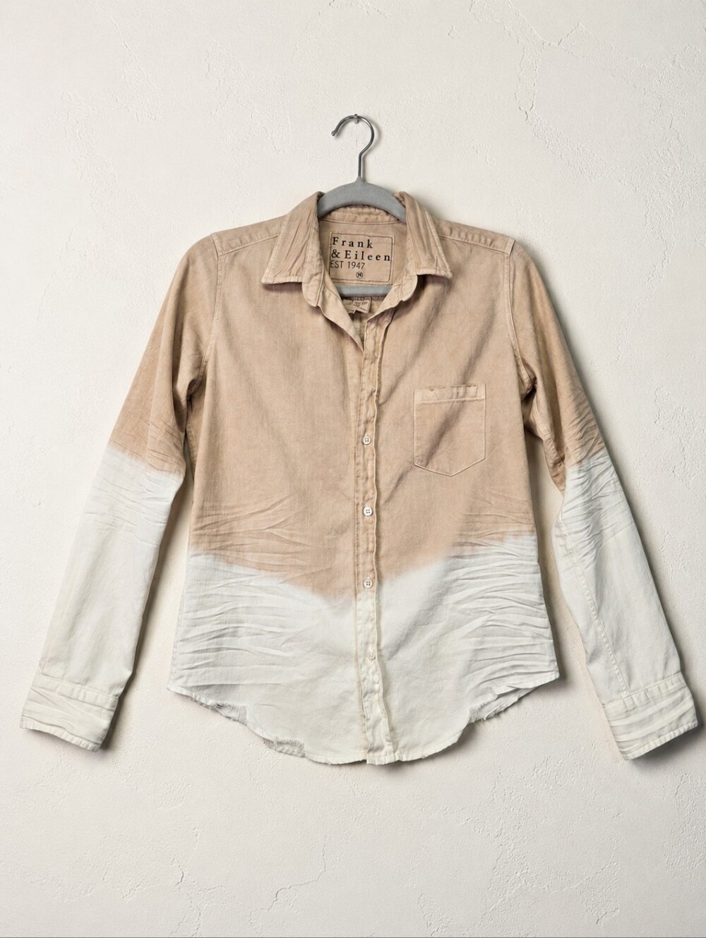 Frank & Eileen XS Khaki Ombre Barry Shirt Blouse 100% Cotton Distressed